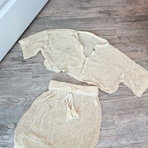 Crochet Two-Piece Set - Cream Knit Top & Skirt Cover-Up